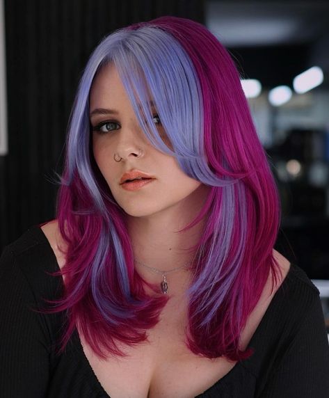 Vibrant Hair Colour Ideas, Pink Hair With Lowlights, Lunar Tides Cranbaby Hair, Pink Half And Half Hair, Blue And Pink Hair Dye, Pink Roots Purple Hair, Jinx Hair Color, Magenta Hair Aesthetic, Purple Hair With Pink Highlights