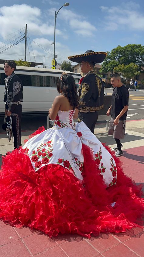 White And Red 15 Dress, Red Charro Dama Dresses, Mexican Flag Quince Dress, Quinceñera Dresses Charro, Ranchero Quince Dresses, Red And White Charro Quinceanera Dress, Red Charro Quinceanera Theme Decorations, Charo Quince Dresses, Red Charro Quince