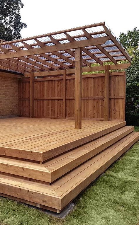 Wood Porches And Decks, Pergola On Wood Deck, Unattached Deck Ideas, Wooden Backyard Patio, Outdoor Wooden Deck Ideas, Low Deck Designs With Pergola, Patio Wood Deck, Wooden Back Porch Ideas Decks, Wooden Deck With Pergola