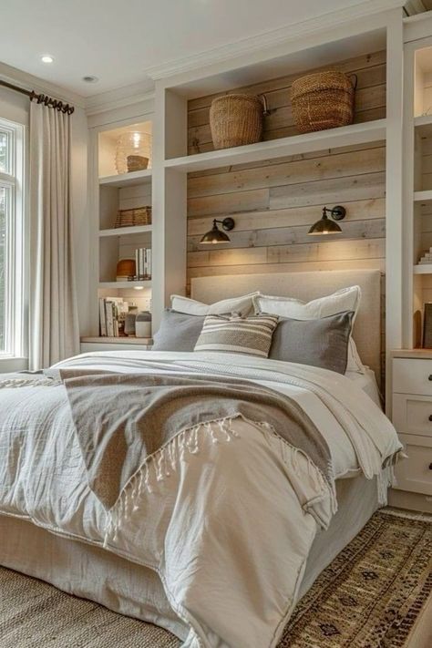 Mutual Bedroom Ideas, Small Den Bedroom Ideas, Ceiling Storage Ideas Bedroom, Bedroom Ideas With Cabinets, Narrow Primary Bedroom, Small Space Master Bed, Floor To Ceiling Bedroom Windows, Bedroom With Shelves On Wall, Apartment Small Bedroom Ideas