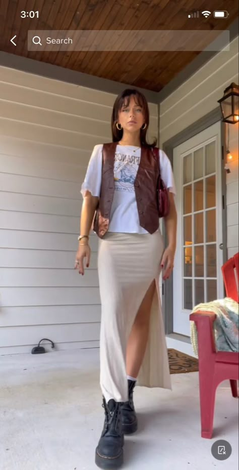 Fashion Inspo Big Bust, Leather Vest With Dress, Women’s Leather Vest Outfit, Womens Cream Dress, Leather Vest Outfits For Women Fall, Vest Midi Skirt Outfit, Preppy Street Style Summer, White Leather Vest Outfit, Non Country Cowboy Boot Outfit