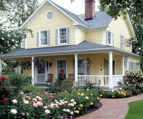 6+ Warm Yellow and Gray House Siding Ideas for a Cheerful Home • 333+ Inspiring Lifestyle Ideas Exterior House Colors For Craftsman Home, Pale Yellow Farmhouse Exterior, Yellow House With Porch, Yellow Country House, Yellow And White House, Historical Exterior House Colors, Soft Yellow Exterior House Colors, Cute Yellow House, Little Yellow House