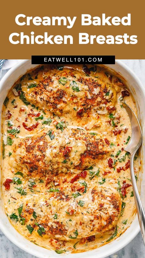 Baked chicken breasts - #baked #chicken #recipe #eatwell101 - With an irresistible creamy sauce filled with sun-dried tomatoes, spinach, and parmesan is a winner of a chicken dinner. - #recipe by #eatwell101® Baked Cream Cheese Chicken Recipes, Baked Tuscan Chicken Breast, Oven Baked Tuscan Chicken, Boursin Chicken Baked, Baked Boursin Chicken, Easy Creamy Chicken Recipes, Chicken And Spinach Recipes, Baked Tuscan Chicken, Saturday Meals