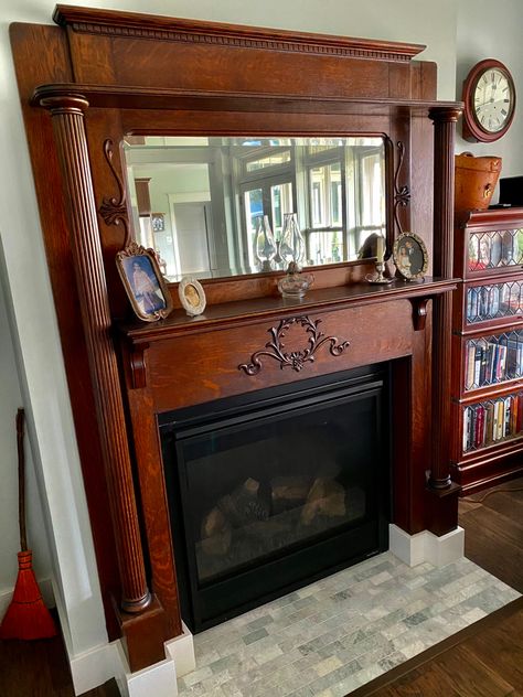 Vintage Mantle With Electric Fireplace, Federation Interiors, Antique Wood Mantle Fireplace, 1900's Fireplace Mantels, Antique Mantle Fireplace, Antique Fireplace Mantel With Electric Heater, 1900’s Fireplace, Craftsman Fireplace Mantels, Victorian Mantle