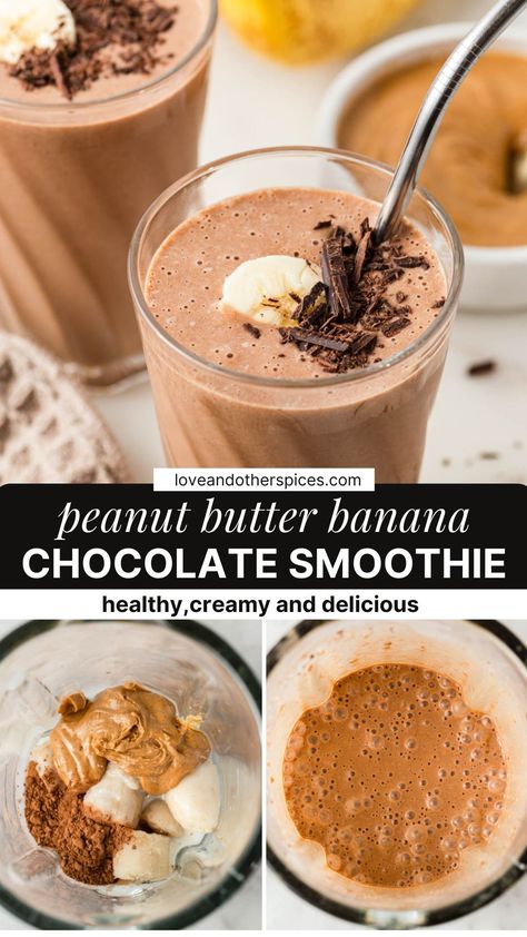 Creamy, luscious, and packed with healthy fats, this chocolate peanut butter banana smoothie is great as a healthy breakfast or a snack. With just 5 ingredients it's so easy to whip up and tastes like a chocolate milkshake! Here's how to make one. Peanut Butter Banana Chocolate Smoothie, Chocolate Peanut Butter Banana Smoothie, Chocolate Banana Smoothie, Chocolate Peanut Butter Smoothie, Peanut Butter Banana Smoothie, Smoothie Recipes Healthy Breakfast, Peanut Butter Smoothie, Protein Smoothie Recipes, Chocolate Smoothie