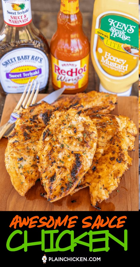 Awesome Sauce Chicken - seriously delicious!!! Only 3 ingredients! Chicken marinated in honey mustard, teriyaki sauce, and hot sauce. It tastes AWESOME! Leftovers are great chopped up on top of a salad or in a sandwich wrap. This easy chicken recipe is on repeat in our house! #grilling #grilledchicken #chicken #marinade #BBQ #hotsauce Sandwich Wrap, Diner Recept, Sauce Chicken, Plain Chicken, Awesome Sauce, Think Food, Winner Winner Chicken Dinner, Winner Winner, Teriyaki Sauce