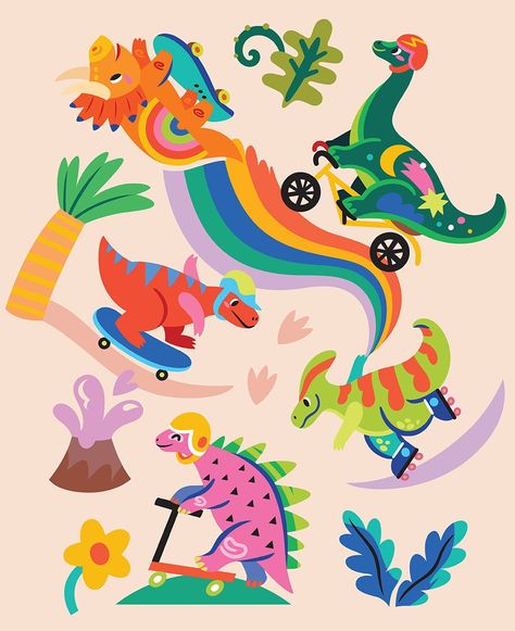 Vibrant skating dinosaurs in the park. Colourful cartoon dinosaurs ride on skates, rollers and bicycle in the park. Vector illustration. #dinosaurs #dino #skate #childish #digitalprinting #kids T Rex Cartoon, Dino Illustration, Kid Illustration, Bicycle Illustration, Kids Cartoons, Dino Park, Gold Digital Paper, Dinosaur Illustration, Kids Vector