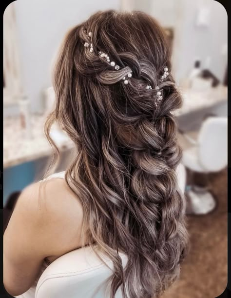 Bridesmaid Hairstyles With Braids Half Up, Half Up Half Down Bridesmaid Hair Long Braid, Half Up Half Down Wavy Wedding Hair, Half Up Half Down Braided Hairstyles Wedding, Bridal Hair Braids Half Up, Wedding Braid Half Up Half Down, Wavy Hair With Braid Half Up Half Down, Braided Hairstyles For Prom Half Up, Bridal Hairstyles Braid Half Up