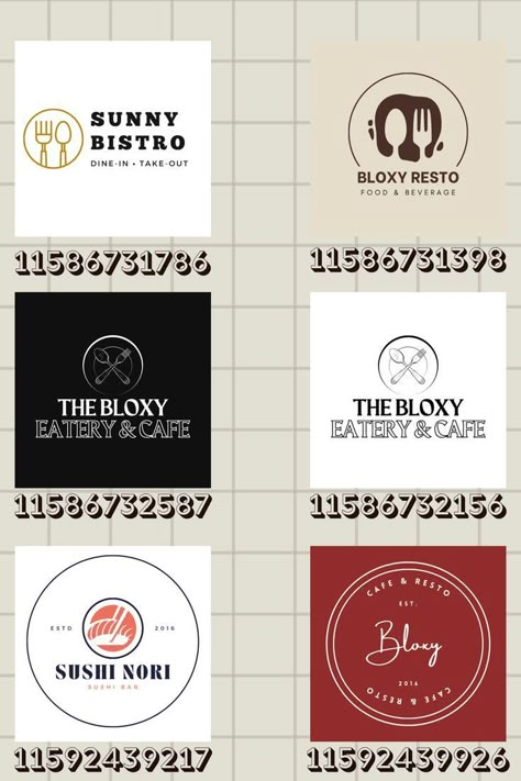 roblox bloxburg restaurant logo sign decals Hotel Codes, Decal Codes Bloxburg, Roblox Logo, Codes Bloxburg, Restaurant Layout, Picture Codes, School Decal, Bloxburg Decals Codes Aesthetic, Codes Wallpaper