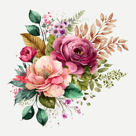 Floral Bouquet Illustration, Bouquet Illustration, Modern Watercolor Art, Watercolor Bouquet, Flower Art Images, Floral Image, Watercolor Wall Art, Digital Flowers, Watercolor Rose