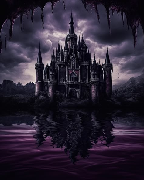 Transform your home into an eerie and fascinating realm with our digital print to canvas of an otherworldly gothic castle. This striking artwork features a black and purple castle in the middle of the water. The eye-catching design is perfect for fans of gothic horror and sci-fi, adding a touch of surrealism to any room. Castle Wallpaper Dark, Goth Castle Aesthetic, Vampire Castle Wallpaper, Gothic Castle Art, Evil Castle, Horror Castle, Goth Castle, Castle Decorations, Purple Castle