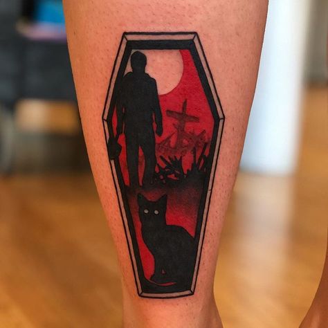 Chase Martines on Instagram: “A lot of fun doing this Pet Sematary coffin for my friend Carly! #31coffins #coffintattoo #stephenking #petsematary #horror #horrortattoo…” Pet Sematary Tattoo, Halloween Leg Sleeve, Hocus Pocus Tattoo, Stephen King Tattoos, Horror Tattoo Ideas, Coffin Tattoo, Horror Sleeve, Stick Tattoo, Horror Movie Tattoos