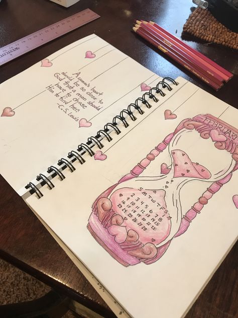 Notebook Cover Ideas Creative, February Journal Page, February Planner Ideas, Bulett Journal Ideas February, Aesthetic Journal Covers, February Journal Cover, February Drawings, Journal Ideas February, February Journal Ideas