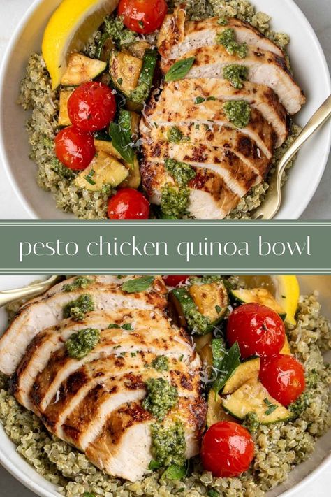 These quick and easy pesto chicken quinoa bowls are full of protein and fiber and perfect for a healthy lunch or dinner. They are also great for meal prep as they keep well in the fridge and freezer. Pesto Chicken Quinoa Bowl, Chicken Quinoa Bowl, Chicken With Italian Seasoning, Chicken Quinoa, Quinoa Bowl, Sauteed Veggies, Grilling Chicken Breast, Balanced Meals, Bowl Recipe