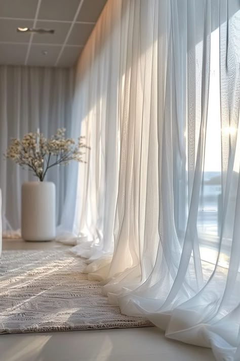 Layer Curtains Living Room, Curtain Draping Ideas, Living Room Drapes Ideas, Light Curtains Living Room, Luxury Guest Bedroom, Curtains Ideas For Living Room, Sheer Curtains Bedroom, Sheers Curtains Living Room, Textured Curtains