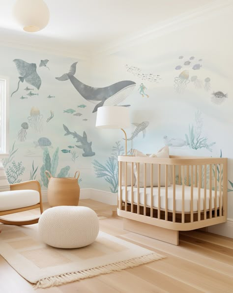 Modern Ocean Decor, Ocean Meets Sky Nursery, Sea World Wallpaper, Deep Sea Nursery Ideas, Blue Ocean Nursery, Sea Animal Themed Nursery, Marine Nursery Theme, Pastel Ocean Nursery, Marine Animal Nursery