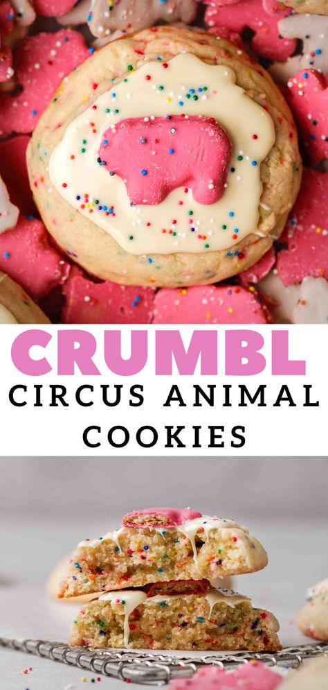 These CRUMBL inspired circus animal sugar cookies are soft and chewy with a super soft center. They are decorated with melted white chocolate on top, extra sprinkles and a frosted anical cookie. Crumble Cookie Copycat Recipe Circus Animal, Circus Animal Crumbl Cookie, Frosted Circus Animal Cookies, Crumbl Recipes, Animal Sugar Cookies, Animal Cookies Recipe, Circus Animal Cookies, Crumbl Copycat, Crumble Cookie Recipe