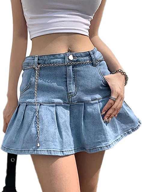 Y2k Jeans Skirt, Thrift Wishlist, Denim Pleated Skirt, Pleated Denim Skirt, Skirt Streetwear, Denim Shorts Outfit, Rok Mini, Pleated Denim, High Waisted Denim Skirt