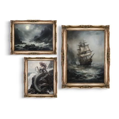 Etsy Vintage Ocean Photography, Vintage Mermaid Painting, Gothic Nautical Decor, Coastal Speakeasy, Deep Ocean Decor, Moody Ocean Bathroom, Dark Nautical Bedroom, Moody Beach Decor, Moody Nautical Bedroom