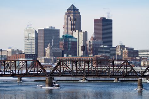 Des Moines, Iowa   Des Moines River. Scott Street, Train Bridge, Great Architecture, America Photo, Blue Cross Blue Shield, Blue Shield, Abandoned Train, City Skylines, Usa Cities