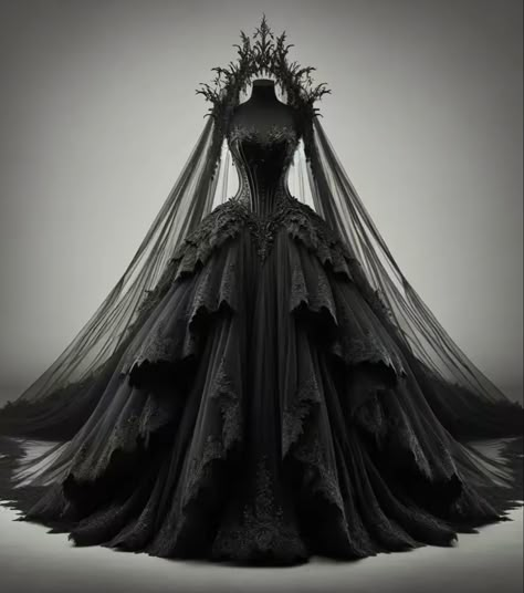 Victorian Wedding Dress Black, Black Dress Fantasy Gowns, Black Princess Dress Fairytale, Vampire Queen Dress, Dark Fantasy Gown, Goth Ball Gown, Black Wedding Dresses Gothic, Dark Gown, Gothic Wedding Dress Black