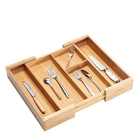 Bamboo Gadget Cutlery Tray Expandable Drawer Organizer Divider Kitchen Utensil Flatware Silverware Holder Stationery Storage Mortise and Tenon Connection >>> Check out this great product. (This is an affiliate link) #KitchenGadgets Flatware Drawer, Silverware Drawer Organizer, Kitchen Drawer Organizers, Utensil Drawer Organization, Silverware Drawer, Bamboo Kitchen, Utensil Drawer, Moso Bamboo, Cutlery Storage