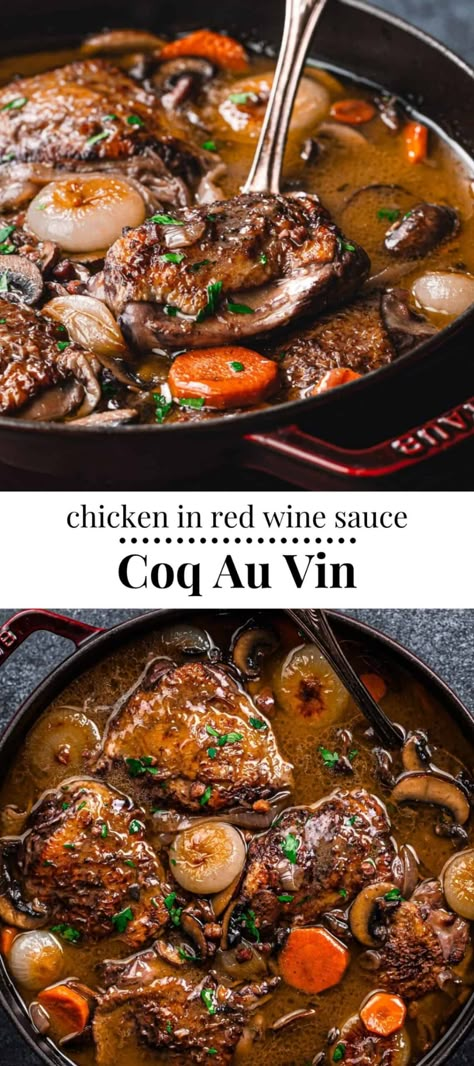 French Braised Chicken, Red Wine Recipes Cooking, Red Wine Recipes, Chicken In Wine Sauce, Cooking With Red Wine, French Chicken Recipes, Red Wine Chicken, Coq Au Vin Recipe, Red Wine Recipe