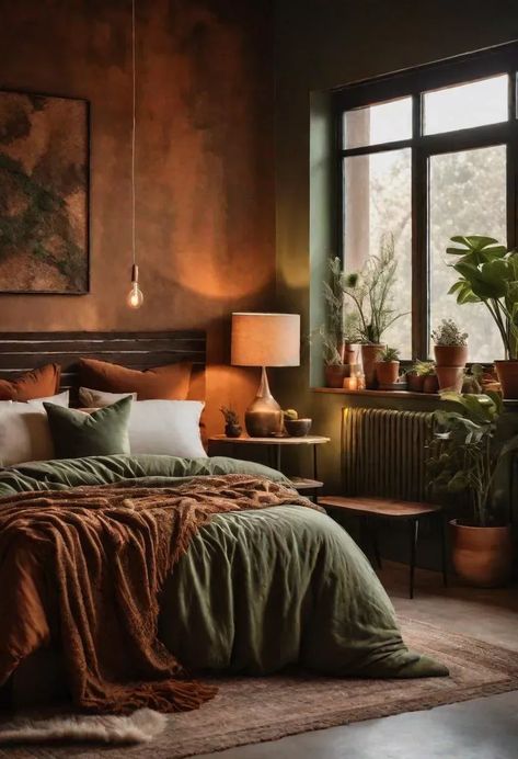 Bali Bedroom Inspiration Interior Design, Earthy Bed Sheets, Green Earth Tone Bedroom, Moody Earth Tone Bedroom, Earthy Bedroom Inspirations, Moody Terracotta Bedroom, Dark Earth Tone Bedroom, Earth Tone Bedroom Colors, Earthy Master Bedrooms Decor