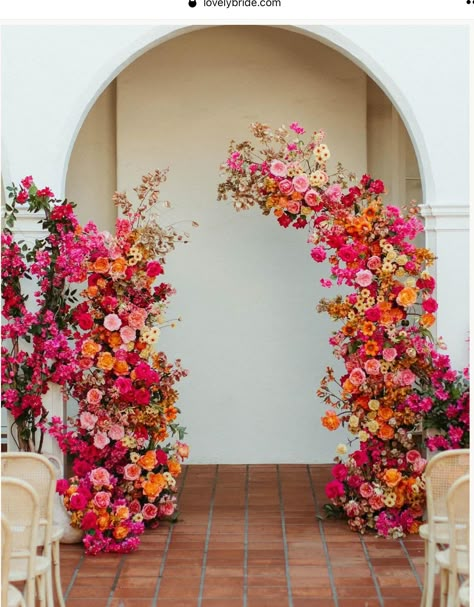 Vibrant Flower Wall, Pink Orange And Gold Wedding, Pink Orange White Wedding Flowers, Modern Wedding Table Flowers, Engagement Party Decorations Colorful, Wedding Summer Florals, Wedding Ceremony Alter Flowers, Colourful Flower Arch Wedding, Purple Pink And Orange Wedding