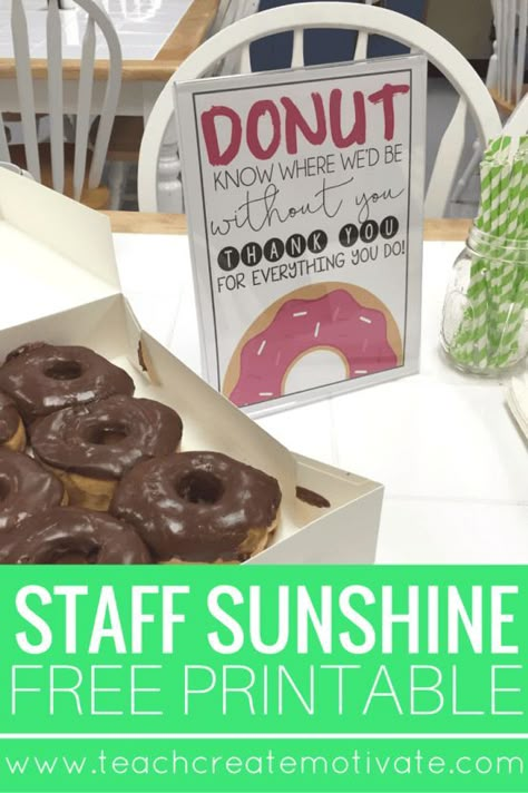 Spread Staff Sunshine at your school with this free printable! Staff Appreciation Ideas, Staff Ideas, Teacher Morale, Sunshine Committee, Staff Appreciation Week, Staff Appreciation Gifts, Morale Boosters, Staff Morale, Teacher Appreciation Ideas