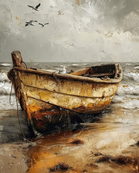 Everyday scenery and images painted to be more colorful and vivid Boat On Beach Painting, Boat Reference, Boat Painting Acrylic, Ghost Ship Art, Watercolor Scenery Painting, Painting Boats, Sergio Garcia, Seashore Paintings, Jesus Art Drawing