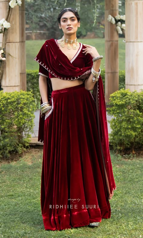 Velvet Lehangas, Velvet Lehenga Designs, Red Velvet Lehenga, Velvet Lengha, Velvet Choli, Design Lehenga, Velvet Lehenga, Indian Skirt, Long Frock Designs