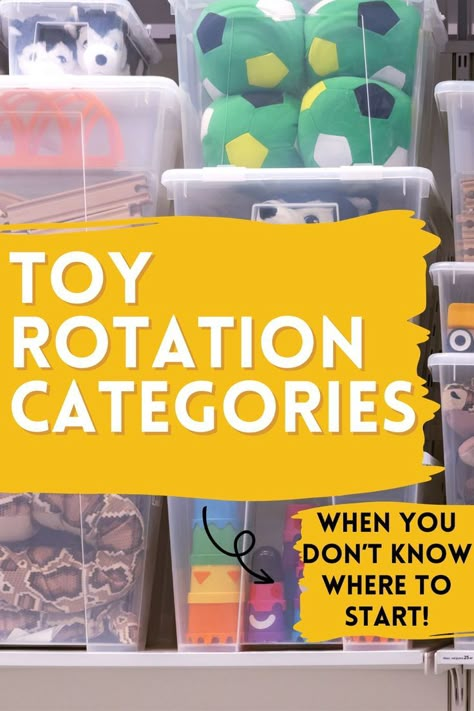 bins of toys for toy rotation. Text overlay reads "toy rotation categories! When you don't know where to start!" Toddler Toy Room Organization, Train Set Storage, Toy Sorting Organization, How To Organise Toys, Playroom Organization Categories, Toy Bins Storage For Kids, Boys Toys Organization, Home Edit Toys, Basement Toy Organization Ideas