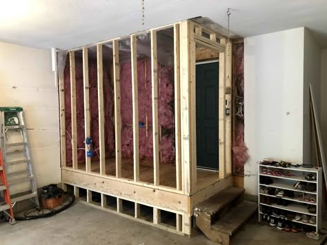 When we moved we knew we needed to improve the mudroom situation. There was just nowhere to hang up all of the jackets and keep all of the shoes. So, after spending lots of time trying to come up with how to gain space in our house for a mudroom, we decided to utilize garage space and build an enclosed mudroom. Here is our mudroom transformation to give you some ideas and inspiration for your own DIY mudroom. Garage Mudroom Ideas Diy Small Spaces, Mud Room In Garage Ideas Diy, Garage Mud Room Diy, Garage Entry Organization Ideas, Small Mudroom Garage Entry, Mud Room Garage Ideas, Building A Laundry Room In Garage, Building Laundry Room In Garage, Mudroom From Garage