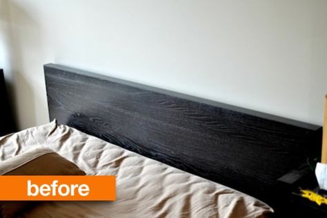 Aniko’s in the middle of a major master bedroom makeover but she’s not one to eschew perfectly functional furniture, so she found a super cheap and super chic way to revamp her 6-year old IKEA Malm headboard and make it worthy of her new space. Whoa! Crafty Aniko made herself an upholstered masterpiece without the huge price tag usually associated with such a stunning look. Black Furniture Bedroom, Ikea Malm Hacks, Ikea Headboard, Bedroom Makeover Before And After, Headboard Makeover, Malm Bed Frame, Malm Hack, Make A Headboard, Ikea Bed Hack