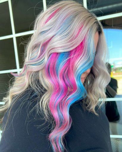 Blonde Hair With Color Money Piece, Fun Summer Colors For Hair, Blonde Pink And Blue Hair, Blonde And Vivid Hair Color, Blonde And Pastel Hair, Blonde Hair Color Ideas 2024, Fun Hair Color Ideas For Blondes, Blonde Hair With Colored Highlights, Tawny Hair