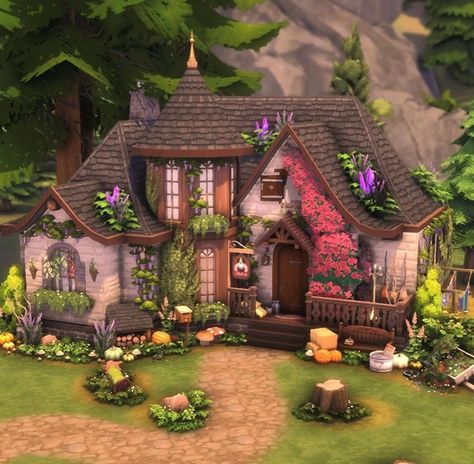 Tangled Flat Sims 4, Sims 4 Storybook House, Sims 4 Church Build, Cottagecore Architecture, Cottagecore Home Exterior, Sims 4 Park Ideas, Sims 4 Magic House, Wizard Cottage, Cottagecore Exterior