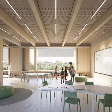 Stara Boleslav Primary School, render: CHYBIK + KRISTOF Primary School Interior Design, School Classroom Interior, Innovative School Design, Classroom Architecture, Education Design Interior, School Reception, School Floor, Cubicle Design, Community Hall