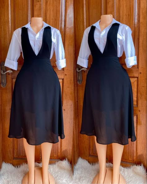 Pinafore Dress Outfit Work, Corporate Pinafore Dress Outfit, Casual Pinafore Dress For Work, Fitted Cotton Pinafore Dress For Work, Fitted Black Pinafore Dress For Spring, Pinafore Dress Jumpsuits & Rompers, Pinafore Dress Outfit, Modest Dresses Fashion, Corporate Dress