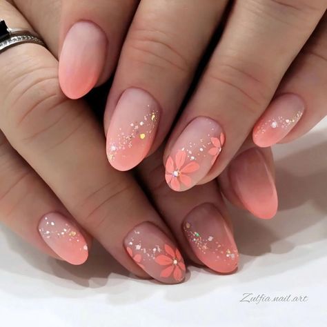 Cute Floral Nail Designs, Floral Nails Designs, Nails Sommer, Uñas Color Coral, Coral Nails With Design, Peach Nails, Coral Nails, Floral Nail Designs, Blush Nails