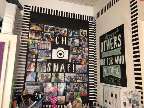 Photo Wall Classroom Ideas, Aftercare Classroom Ideas, Picture Wall In Classroom, Family Picture Wall Classroom, Classroom Selfie Wall, Photography Bulletin Board Ideas, Picture Wall Ideas Classroom, Photo Wall Collage Classroom, Polaroid Wall Classroom