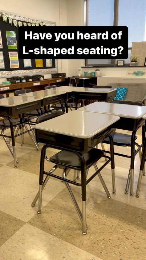 Jillian Watto | L-shaped seating is great for whole group, turn and talk, small groups, jigsaw, fishbowl, and more! I received a request to share my… | Instagram Classroom Layout Ideas Middle School, Desk Configuration Classroom, Seating Arrangements Classroom Talkative, 28 Desk Arrangement Classroom, Seating Chart Classroom High School, Desk Arrangement For Talkative Students, Alternative Seating Classroom Highschool, Middle School Seating, Classroom Desk Setup