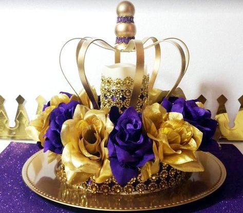 Royal Blue And Gold Xv Decorations, Purple And Gold Baby Shower, Prince Baby Shower Centerpieces, Birthday Balloon Surprise, Candy Buffet Baby Shower, Crown Centerpiece, Baby Shower Princess Theme, Boy Baby Shower Centerpieces, Church Anniversary