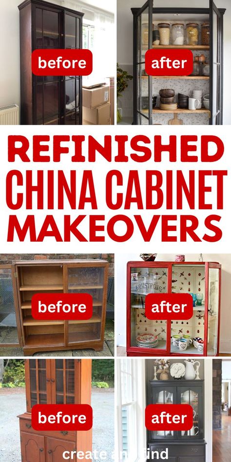 Refinished China and curio cabinet ideas and tips with before and after photos. Bookcase To China Cabinet, Unique China Cabinet Ideas, Updating A China Cabinet, Curio Cabinet Pantry, Turn China Cabinet Into Bar, Diy Display Cabinet Makeover, China Cabinet Repurposed Ideas, How To Paint A Curio Cabinet, Wallpapered China Cabinet