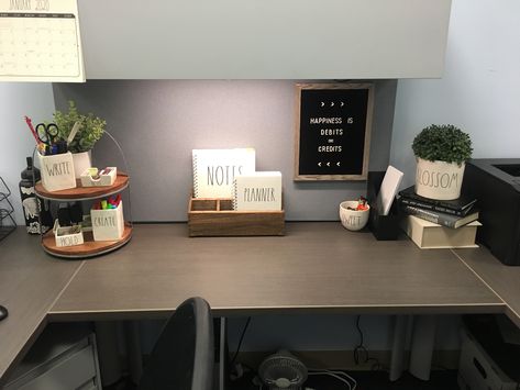 Job Desk Decor, Homey Cubicle Work Spaces, Cool Cubicle Decor, Office Decor Cubicle Workspaces, Cubicle Decor Office Minimalist, Call Center Desk Decor, Zen Office Cubicle, Blue Cubicle Decor, Administrative Assistant Desk Decor