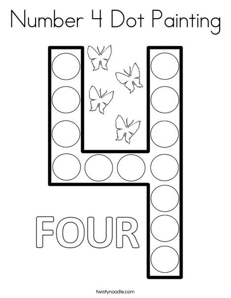 Number 4 Dot Painting Coloring Page - Twisty Noodle Number 1 Dot Painting, Number 4 Dot Painting, Number 4 Craft, Number 4 Worksheet, Preschool Numbers, Twisty Noodle, Dot Worksheets, Kids Worksheets Preschool, Teaching Numbers