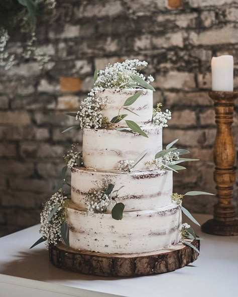 Rustic Cake With Greenery, Icingless Wedding Cake, Sage Cake Wedding, Lightly Iced Wedding Cake, Simple Small Wedding Cakes Rustic, Rustic Bohemian Wedding Cake, Wedding Cupcakes Greenery, Cinnamon Rolls Wedding Cake, Wedding Cake With Photos