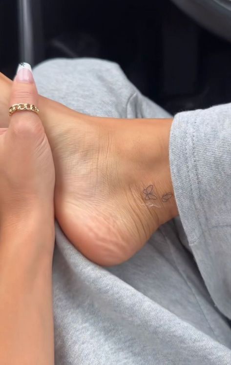 Tattoo Ideas Female Small Ankle, Tattoo Idea Strength, Cute Tattoos Ankle, Small Inside Ankle Tattoos For Women, Feminine Simple Tattoos, Infinity Tattoo Ankle, Matching Three Tattoos, Ankle Tattoo Aesthetic, Inside Of Ankle Tattoo