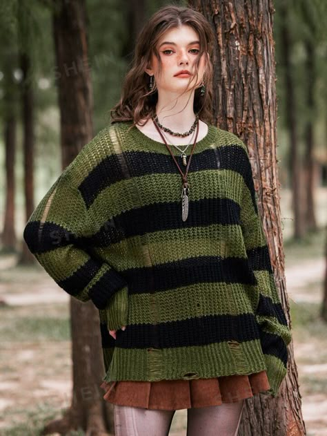 ROMWE Fairycore Striped Pattern Ripped Drop Shoulder Sweater | SHEIN USA Stripped Sweater Crochet, Grunge Sweater Outfit, Ripped Sweater Outfit, Romwe Fairycore, Green Crochet Sweater, Y2k Fashion Winter, Romwe Outfit, Sweaters Outfit, Grunge Sweater