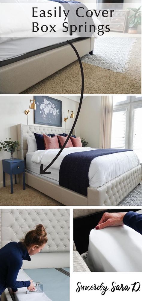 Inexpensive way to easily cover box springs - Sincerely, Sara D. Bed With Box Spring, Simple Bed Design, Beautiful Bed Designs, Simple Bed Designs, Upholstered Box Springs, Boxspring Bed, Box Spring Bed Frame, Box Spring Cover, Bed Design Ideas